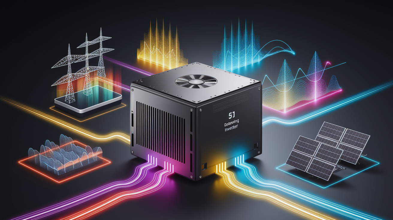A conceptual illustration representing How Grid-Following Inverters Work. Visualize the main ideas: . Creative but clear representation of the concept. Style: Visual Theme: Clean, modern aesthetic with high contrast and vibrant energy. Emphasize the intersect. high quality, detailed, professional, clean composition, good lighting, sharp focus, well-composed. high quality, professional, detailed, well-composed