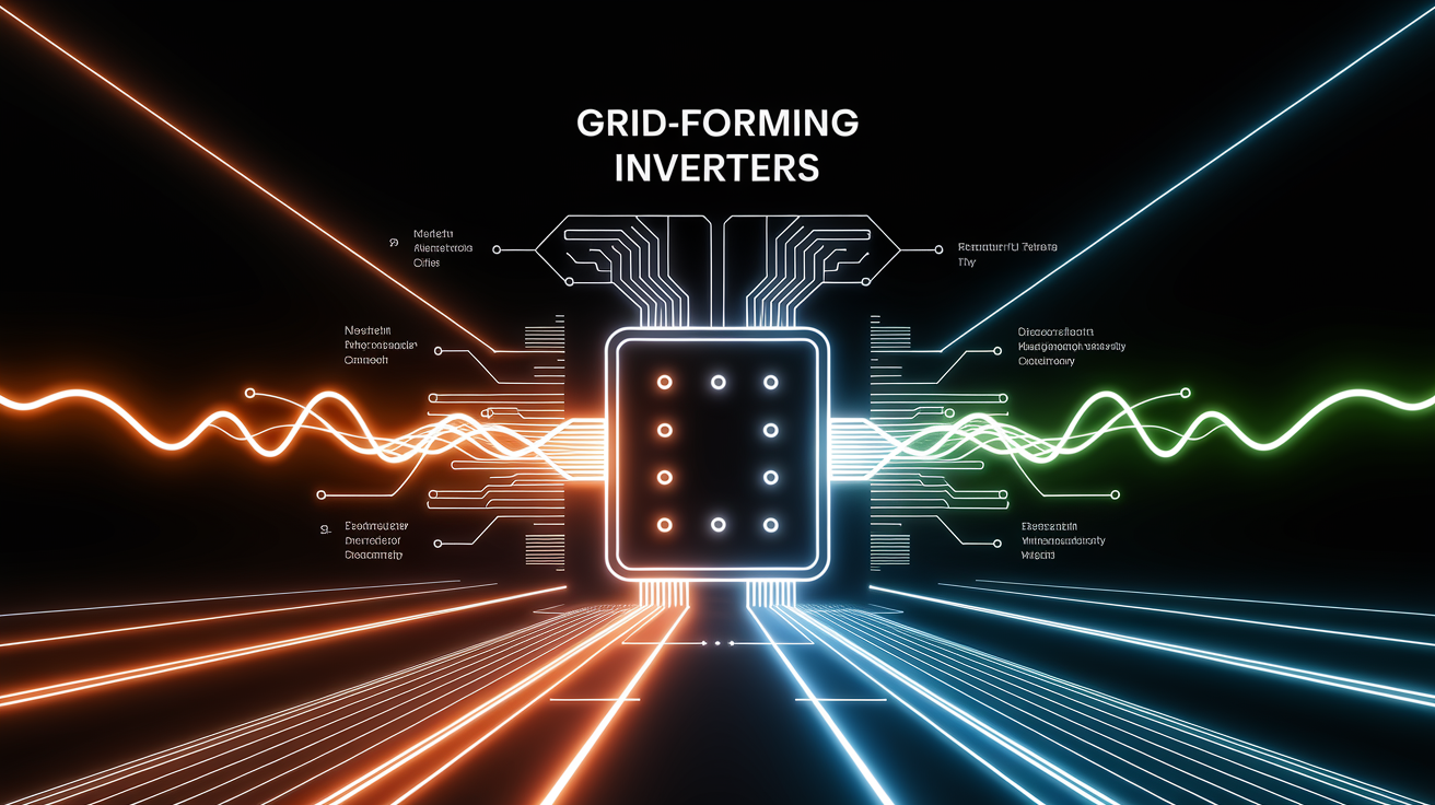A conceptual illustration representing How Grid-Forming Inverters Work. Visualize the main ideas: . Creative but clear representation of the concept. Style: Visual Theme: Clean, modern aesthetic with high contrast and vibrant energy. Emphasize the intersect. high quality, detailed, professional, clean composition, good lighting, sharp focus, well-composed. high quality, professional, detailed, well-composed