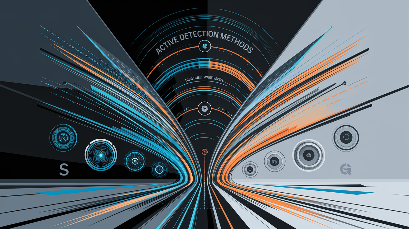 A conceptual illustration representing Active Detection Methods. Visualize the main ideas: . Creative but clear representation of the concept. Style: Visual Theme: Clean, modern aesthetic with high contrast and vibrant energy. Emphasize the intersect. high quality, detailed, professional, clean composition, good lighting, sharp focus, well-composed. high quality, professional, detailed, well-composed