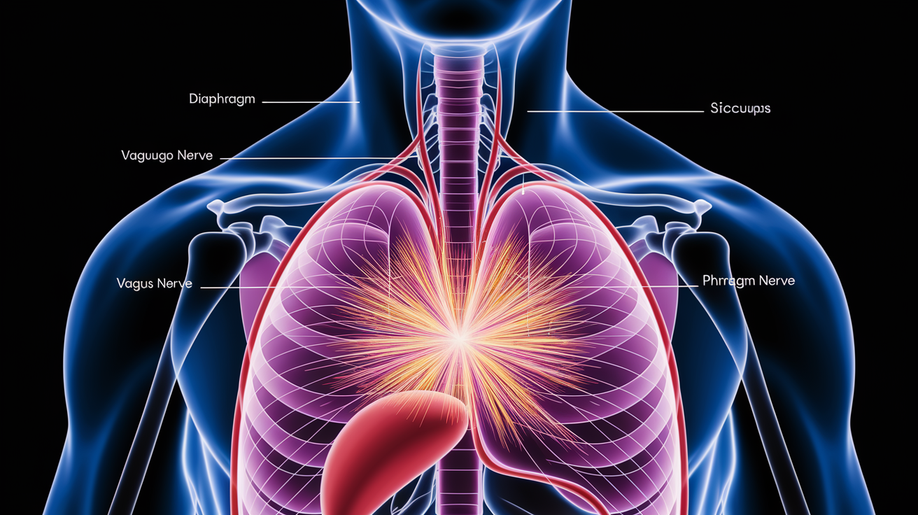 A conceptual illustration representing The Physiology of Hiccups. Visualize the main ideas: . Creative but clear representation of the concept. Style: photorealistic. high quality, detailed, professional, clean composition, good lighting, sharp focus, well-composed. high quality, professional, detailed, well-composed