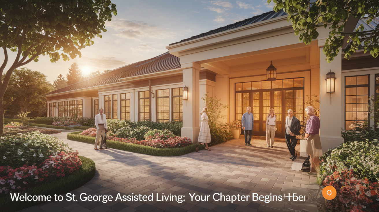 A conceptual illustration representing Welcome to St. George Assisted Living: Your Next Chapter Begins Here. Visualize the main ideas: . Creative but clear representation of the concept. Style: photorealistic. high quality, detailed, professional, clean composition, good lighting, sharp focus, well-composed. high quality, professional, detailed, well-composed