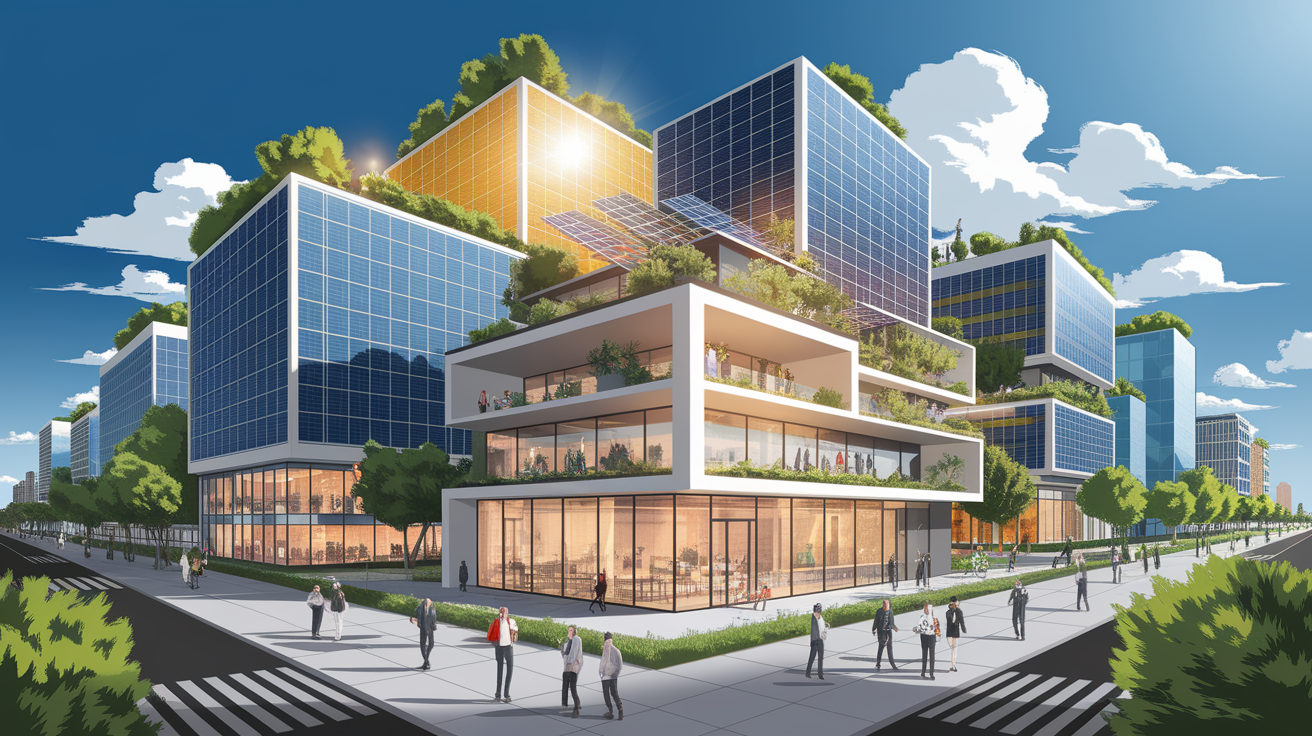 A conceptual illustration representing A Brighter Tomorrow: Introduction to BIPV. Visualize the main ideas: . Creative but clear representation of the concept. Style: Visual Theme: Clean, modern aesthetic with high contrast and vibrant energy. Emphasize the intersect. high quality, detailed, professional, clean composition, good lighting, sharp focus, well-composed. high quality, professional, detailed, well-composed