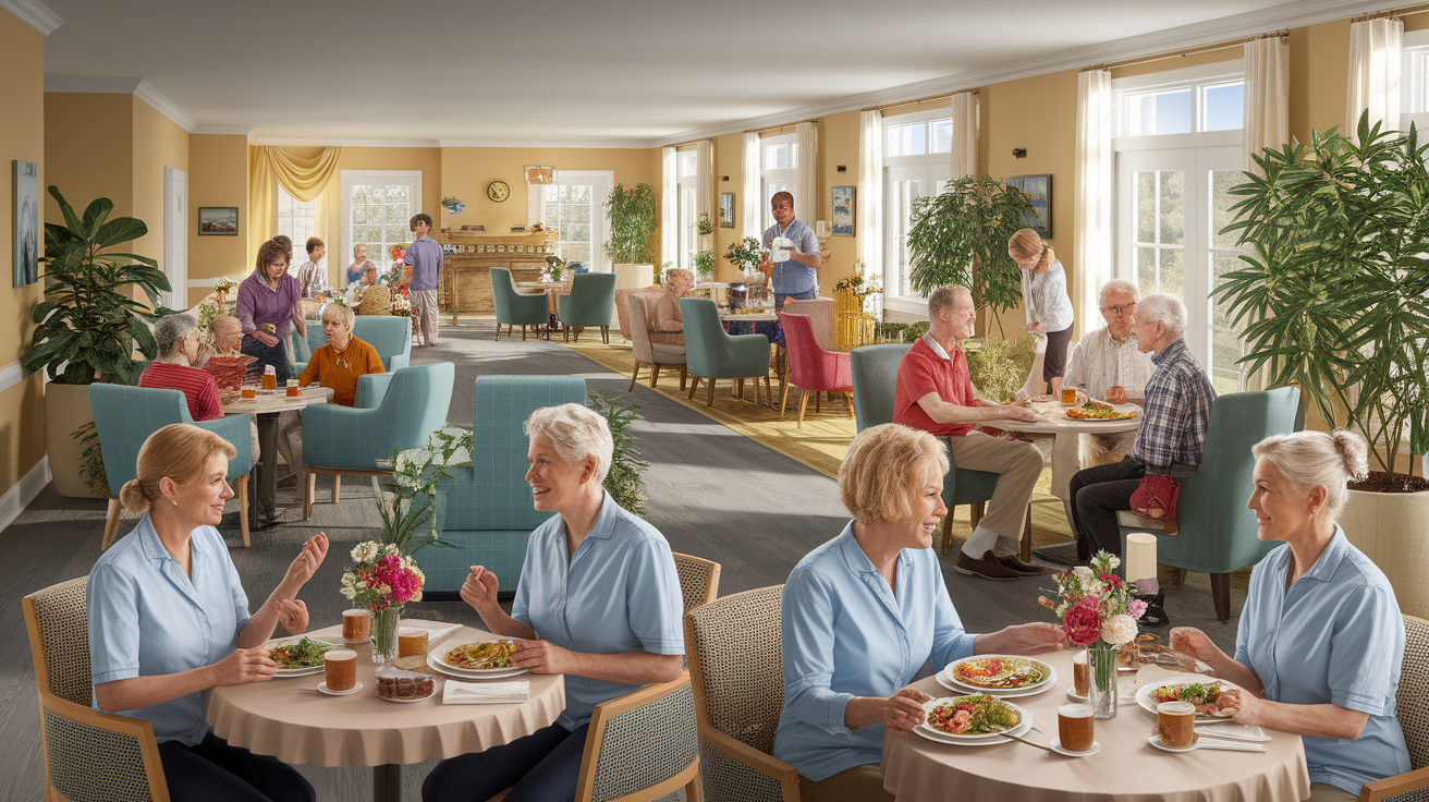 A conceptual illustration representing Essential Services Offered in St. George Assisted Living. Visualize the main ideas: . Creative but clear representation of the concept. Style: photorealistic. high quality, detailed, professional, clean composition, good lighting, sharp focus, well-composed. high quality, professional, detailed, well-composed