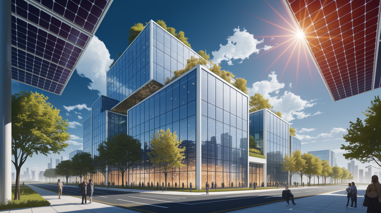 A conceptual illustration representing Understanding BIPV Basics. Visualize the main ideas: . Creative but clear representation of the concept. Style: Visual Theme: Clean, modern aesthetic with high contrast and vibrant energy. Emphasize the intersect. high quality, detailed, professional, clean composition, good lighting, sharp focus, well-composed. high quality, professional, detailed, well-composed