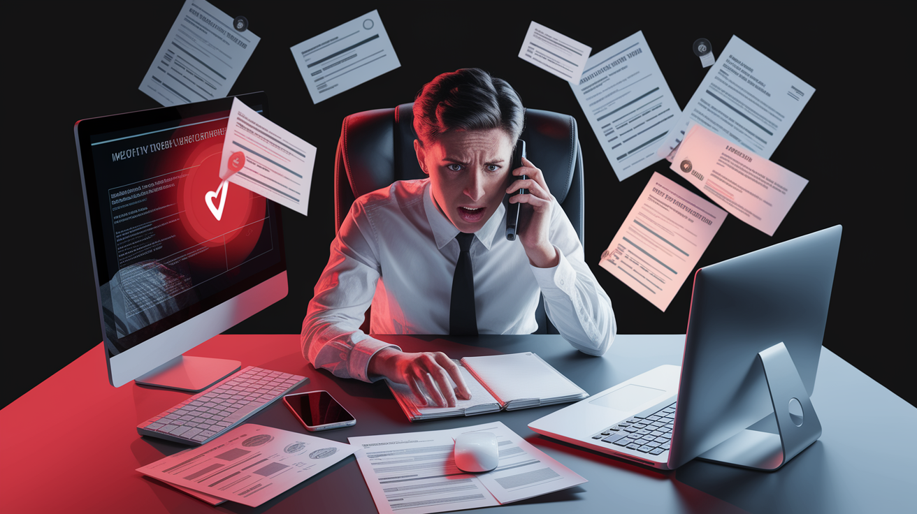 A conceptual illustration representing Immediate Actions After Discovering Identity Theft. Visualize the main ideas: . Creative but clear representation of the concept. Style: photorealistic. high quality, detailed, professional, clean composition, good lighting, sharp focus, well-composed. high quality, professional, detailed, well-composed