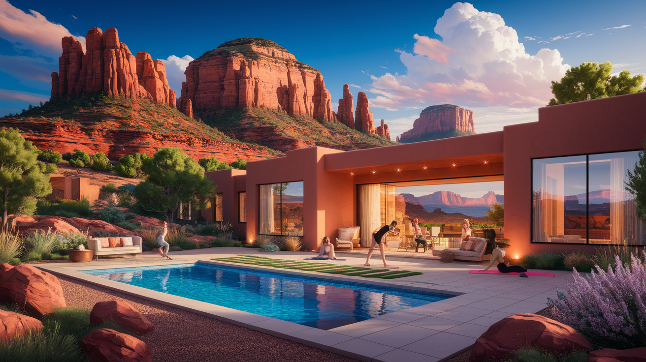 A conceptual illustration representing Amenities and Lifestyle: Living Well Among Red Rocks. Visualize the main ideas: . Creative but clear representation of the concept. Style: photorealistic. high quality, detailed, professional, clean composition, good lighting, sharp focus, well-composed. high quality, professional, detailed, well-composed