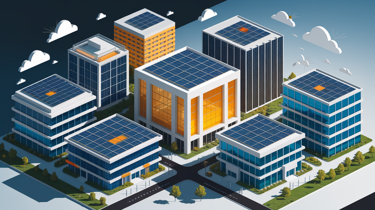 A conceptual illustration representing Common BIPV Technologies. Visualize the main ideas: . Creative but clear representation of the concept. Style: Visual Theme: Clean, modern aesthetic with high contrast and vibrant energy. Emphasize the intersect. high quality, detailed, professional, clean composition, good lighting, sharp focus, well-composed. high quality, professional, detailed, well-composed