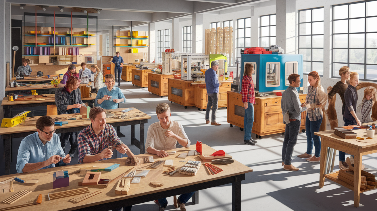 A conceptual illustration representing Overview of St. George Makerspaces. Visualize the main ideas: . Creative but clear representation of the concept. Style: photorealistic. high quality, detailed, professional, clean composition, good lighting, sharp focus, well-composed. high quality, professional, detailed, well-composed