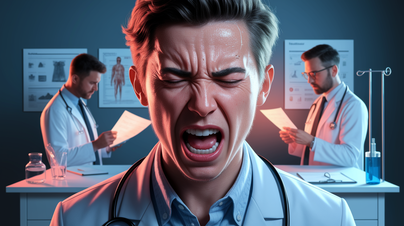 A conceptual illustration representing When Hiccups Overstay Their Welcome – Medical Considerations. Visualize the main ideas: . Creative but clear representation of the concept. Style: photorealistic. high quality, detailed, professional, clean composition, good lighting, sharp focus, well-composed. high quality, professional, detailed, well-composed