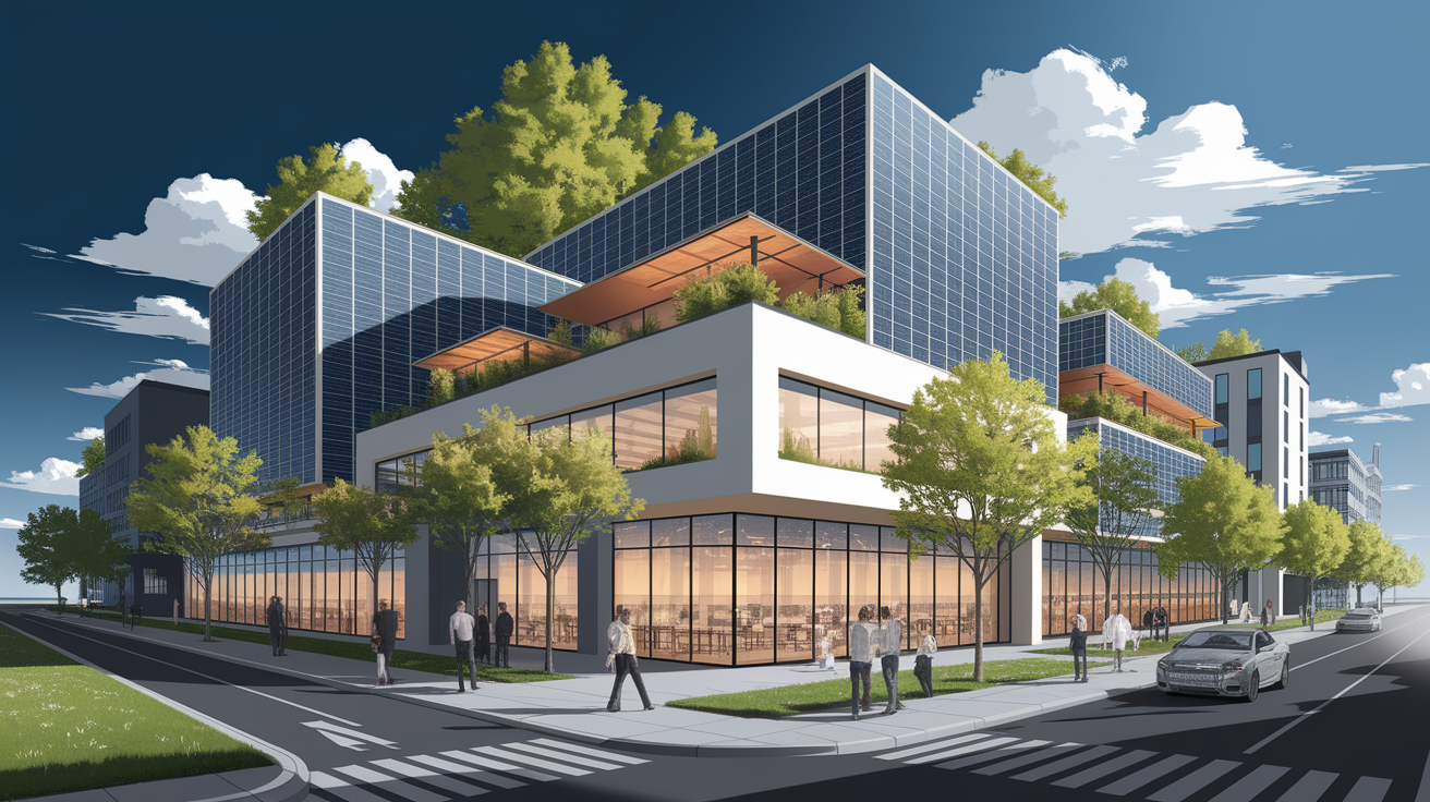 A conceptual illustration representing Key Benefits of BIPV. Visualize the main ideas: . Creative but clear representation of the concept. Style: Visual Theme: Clean, modern aesthetic with high contrast and vibrant energy. Emphasize the intersect. high quality, detailed, professional, clean composition, good lighting, sharp focus, well-composed. high quality, professional, detailed, well-composed