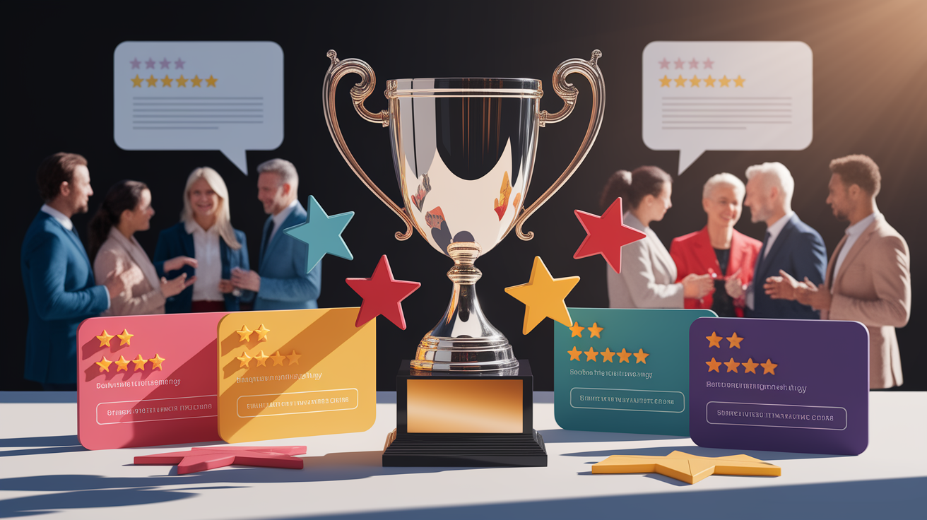 A conceptual illustration representing Evaluating Quality: Awards, Ratings, and Resident Satisfaction. Visualize the main ideas: . Creative but clear representation of the concept. Style: photorealistic. high quality, detailed, professional, clean composition, good lighting, sharp focus, well-composed. high quality, professional, detailed, well-composed