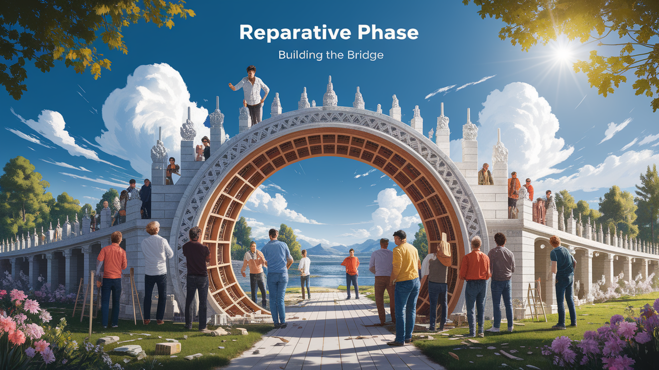 A conceptual illustration representing Reparative Phase – Building the Bridge. Visualize the main ideas: . Creative but clear representation of the concept. Style: photorealistic. high quality, detailed, professional, clean composition, good lighting, sharp focus, well-composed. high quality, professional, detailed, well-composed