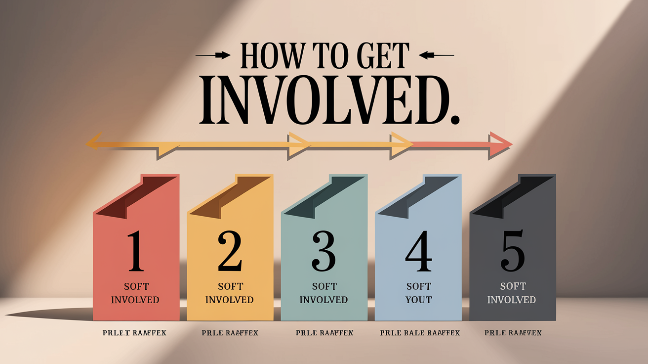A clear, step-by-step visual illustration showing How to Get Involved. Focus on . Include visual elements like arrows, numbered steps, or sequential flow. Professional and instructional style. Style: photorealistic. high quality, detailed, professional, clean composition, good lighting, sharp focus, well-composed. high quality, professional, detailed, well-composed