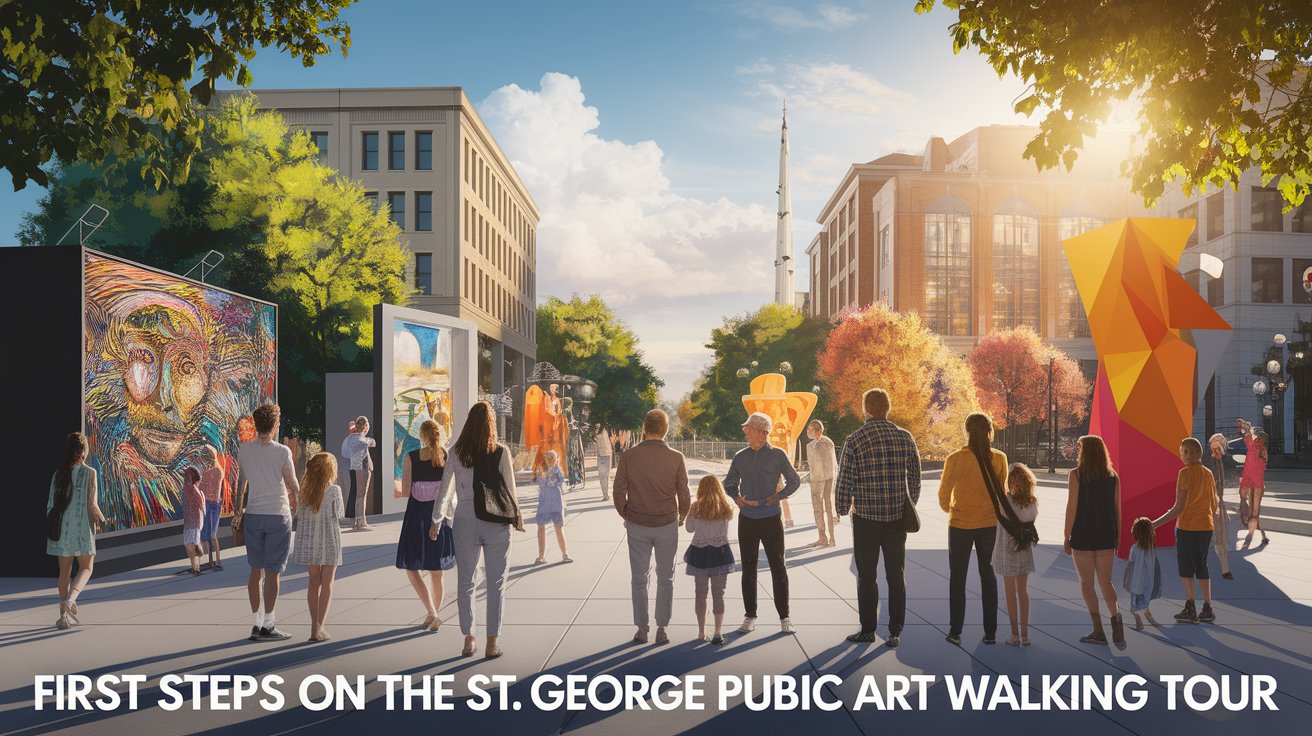 A conceptual illustration representing First Steps on the St. George Public Art Walking Tour. Visualize the main ideas: . Creative but clear representation of the concept. Style: photorealistic. high quality, detailed, professional, clean composition, good lighting, sharp focus, well-composed. high quality, professional, detailed, well-composed