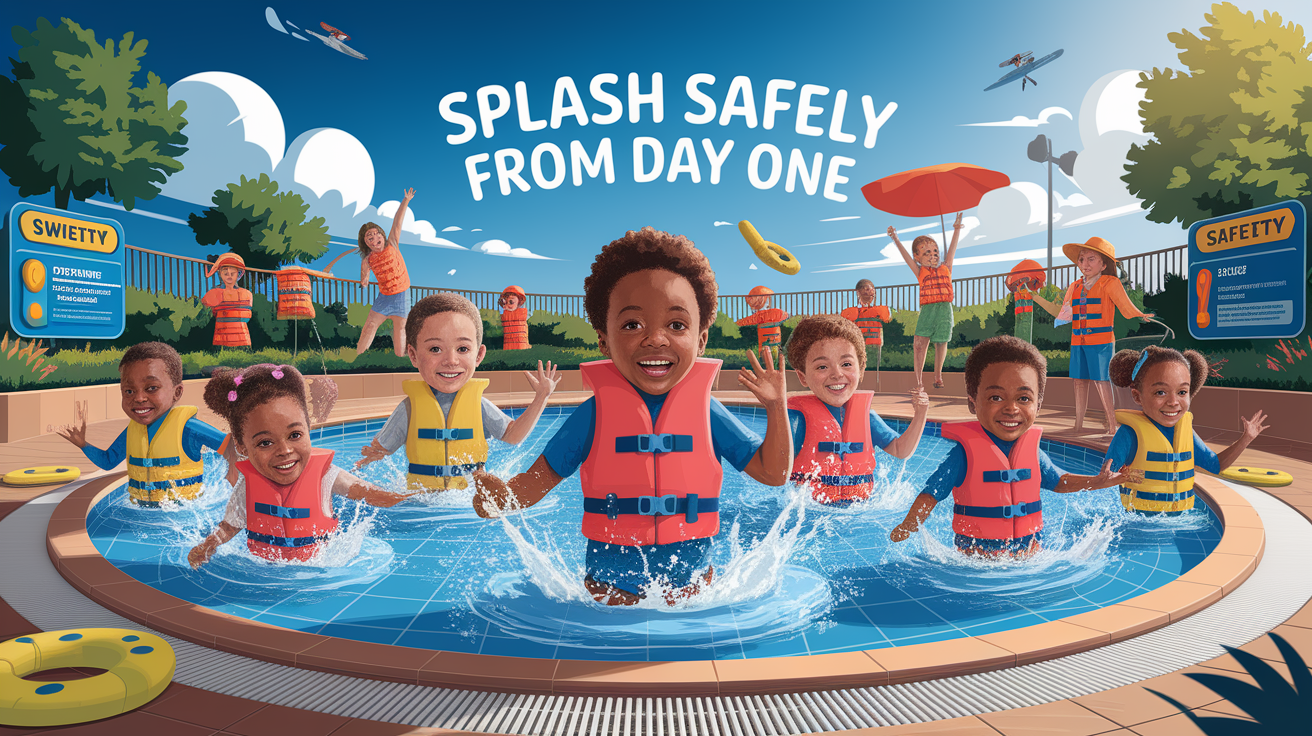 A conceptual illustration representing Splash Safely from Day One. Visualize the main ideas: . Creative but clear representation of the concept. Style: photorealistic. high quality, detailed, professional, clean composition, good lighting, sharp focus, well-composed. high quality, professional, detailed, well-composed