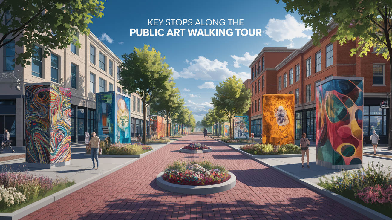 A conceptual illustration representing Key Stops Along the Public Art Walking Tour. Visualize the main ideas: . Creative but clear representation of the concept. Style: photorealistic. high quality, detailed, professional, clean composition, good lighting, sharp focus, well-composed. high quality, professional, detailed, well-composed