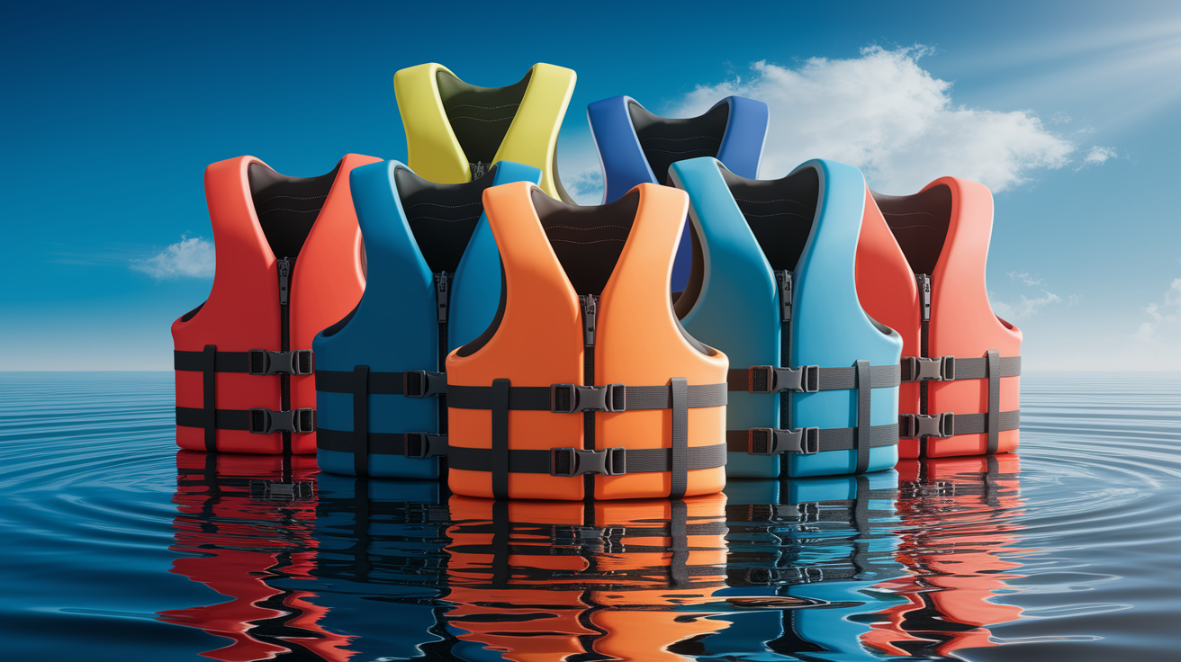 A conceptual illustration representing Life Jackets and Personal Flotation Devices. Visualize the main ideas: . Creative but clear representation of the concept. Style: photorealistic. high quality, detailed, professional, clean composition, good lighting, sharp focus, well-composed. high quality, professional, detailed, well-composed
