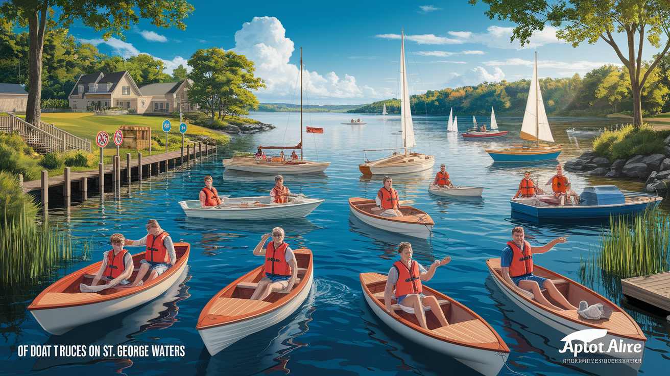 A conceptual illustration representing Boating Best Practices on St. George Waters. Visualize the main ideas: . Creative but clear representation of the concept. Style: photorealistic. high quality, detailed, professional, clean composition, good lighting, sharp focus, well-composed. high quality, professional, detailed, well-composed