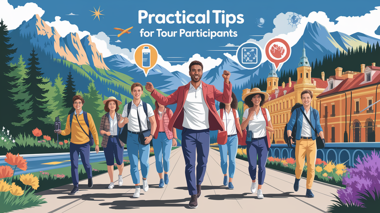 A conceptual illustration representing Practical Tips for Tour Participants. Visualize the main ideas: . Creative but clear representation of the concept. Style: photorealistic. high quality, detailed, professional, clean composition, good lighting, sharp focus, well-composed. high quality, professional, detailed, well-composed