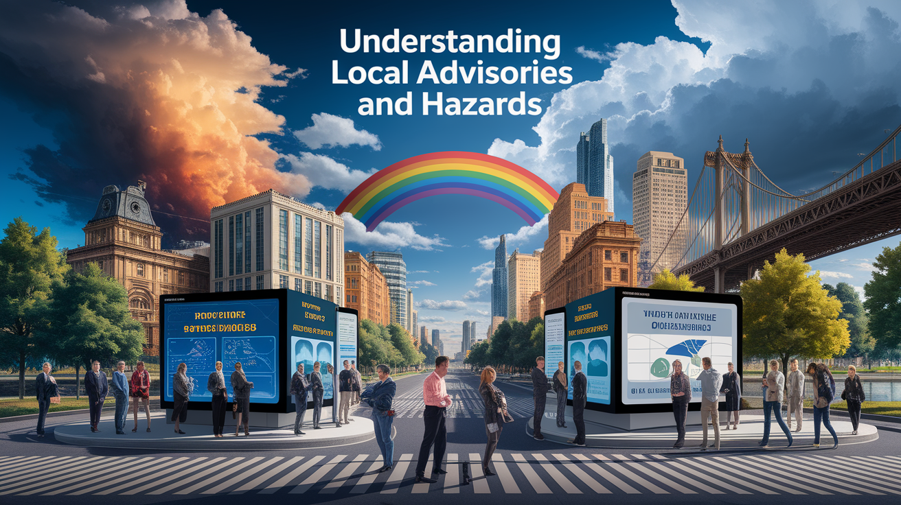 A conceptual illustration representing Understanding Local Advisories and Hazards. Visualize the main ideas: . Creative but clear representation of the concept. Style: photorealistic. high quality, detailed, professional, clean composition, good lighting, sharp focus, well-composed. high quality, professional, detailed, well-composed
