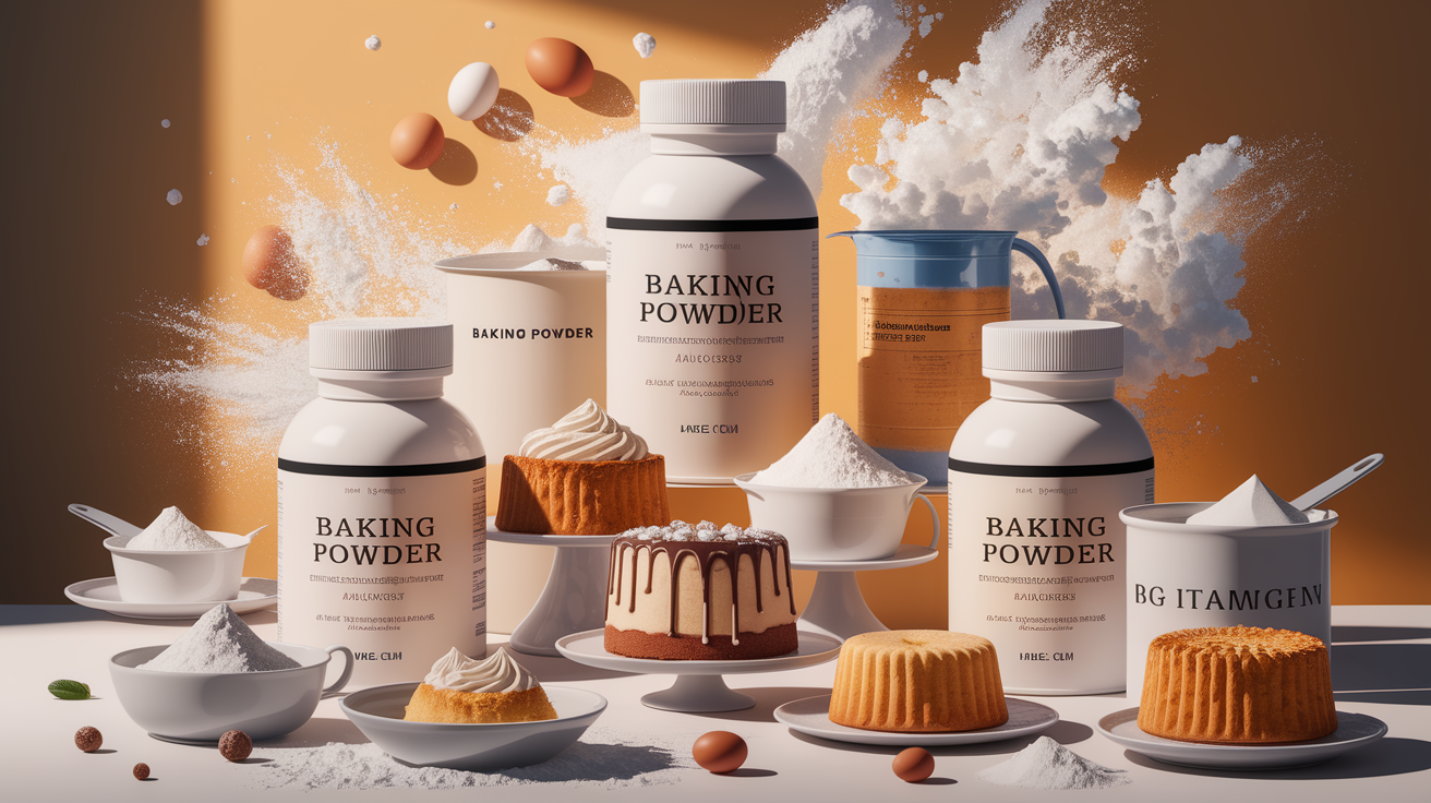A conceptual illustration representing The Rise Explained: Baking Powder at a Glance. Visualize the main ideas: . Creative but clear representation of the concept. Style: photorealistic. high quality, detailed, professional, clean composition, good lighting, sharp focus, well-composed. high quality, professional, detailed, well-composed