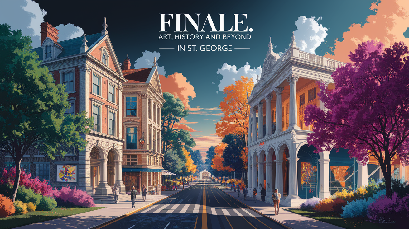 A conceptual illustration representing Finale: Art, History and Beyond in St. George. Visualize the main ideas: . Creative but clear representation of the concept. Style: photorealistic. high quality, detailed, professional, clean composition, good lighting, sharp focus, well-composed. high quality, professional, detailed, well-composed