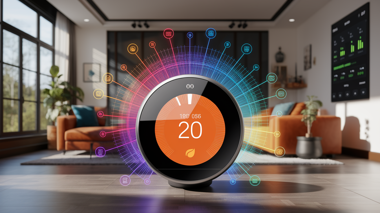 A conceptual illustration representing Smart Thermostats: Connectivity and Learning. Visualize the main ideas: . Creative but clear representation of the concept. Style: photorealistic. high quality, detailed, professional, clean composition, good lighting, sharp focus, well-composed. high quality, professional, detailed, well-composed