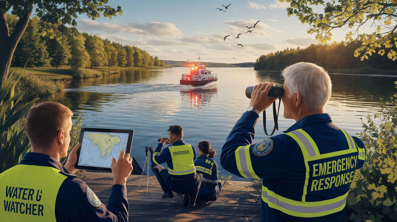 A conceptual illustration representing Designating a Water Watcher and Emergency Response. Visualize the main ideas: . Creative but clear representation of the concept. Style: photorealistic. high quality, detailed, professional, clean composition, good lighting, sharp focus, well-composed. high quality, professional, detailed, well-composed