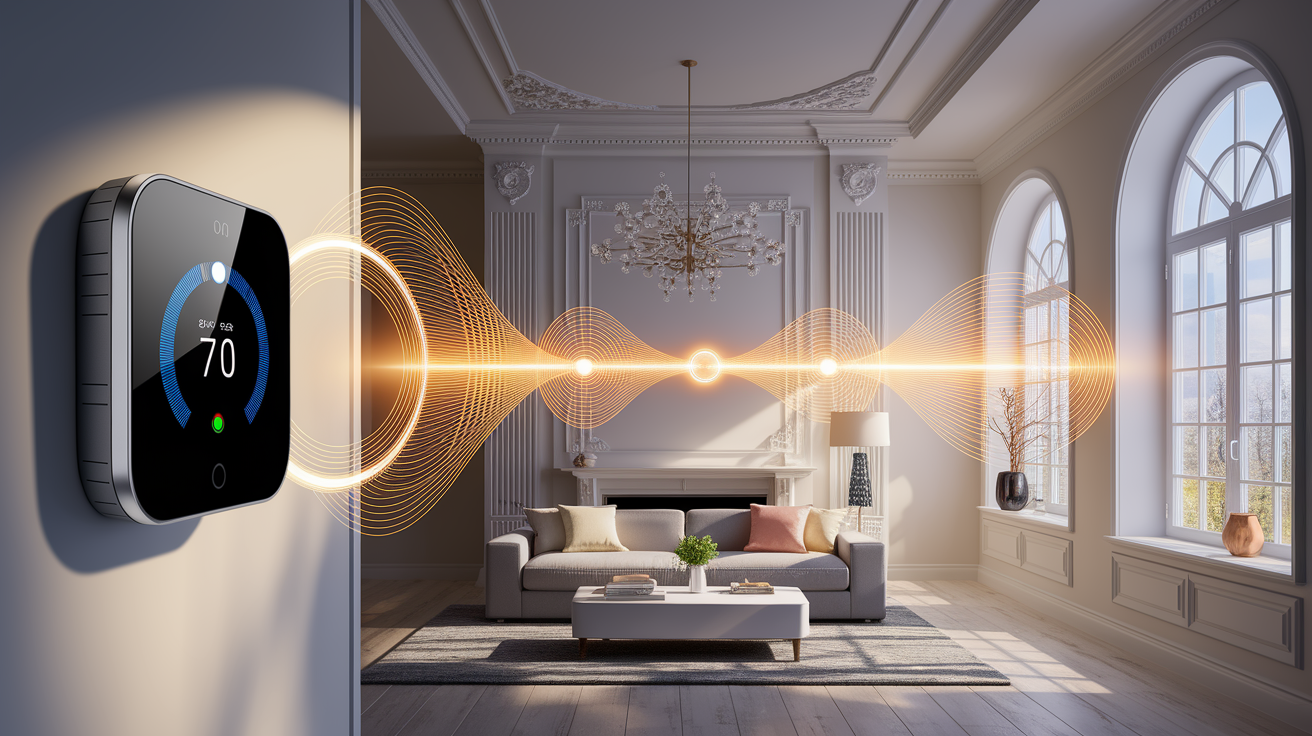 A conceptual illustration representing Thermostat-to-HVAC Communication. Visualize the main ideas: . Creative but clear representation of the concept. Style: photorealistic. high quality, detailed, professional, clean composition, good lighting, sharp focus, well-composed. high quality, professional, detailed, well-composed