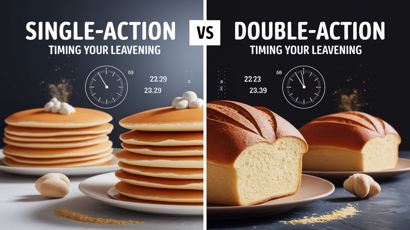 A side-by-side comparison visual for Single-Action vs Double-Action: Timing Your Leavening. Show contrasting elements: . Use clear visual separation, possibly with split-screen or before/after layout. Style: photorealistic. high quality, detailed, professional, clean composition, good lighting, sharp focus, well-composed. high quality, professional, detailed, well-composed