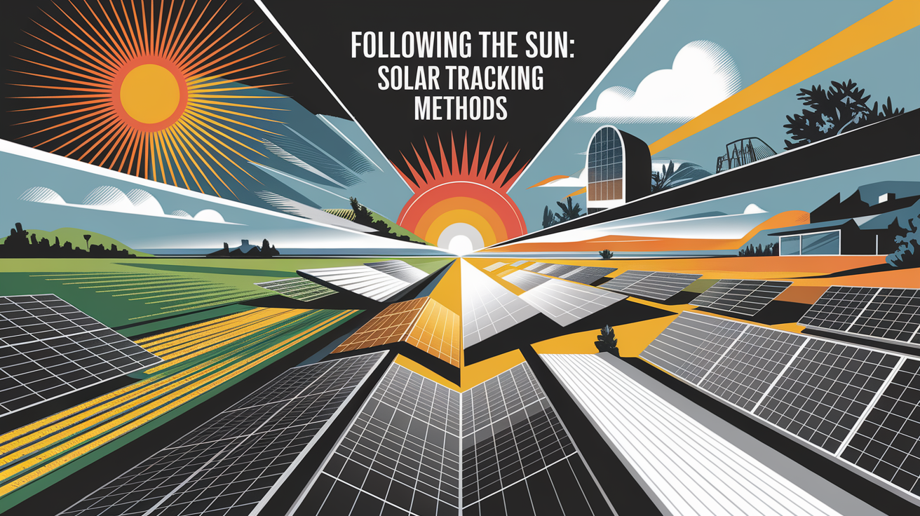 A conceptual illustration representing Following the Sun: Solar Tracking Methods. Visualize the main ideas: . Creative but clear representation of the concept. Style: Visual Theme: Clean, modern aesthetic with high contrast and vibrant energy. Emphasize the intersect. high quality, detailed, professional, clean composition, good lighting, sharp focus, well-composed. high quality, professional, detailed, well-composed