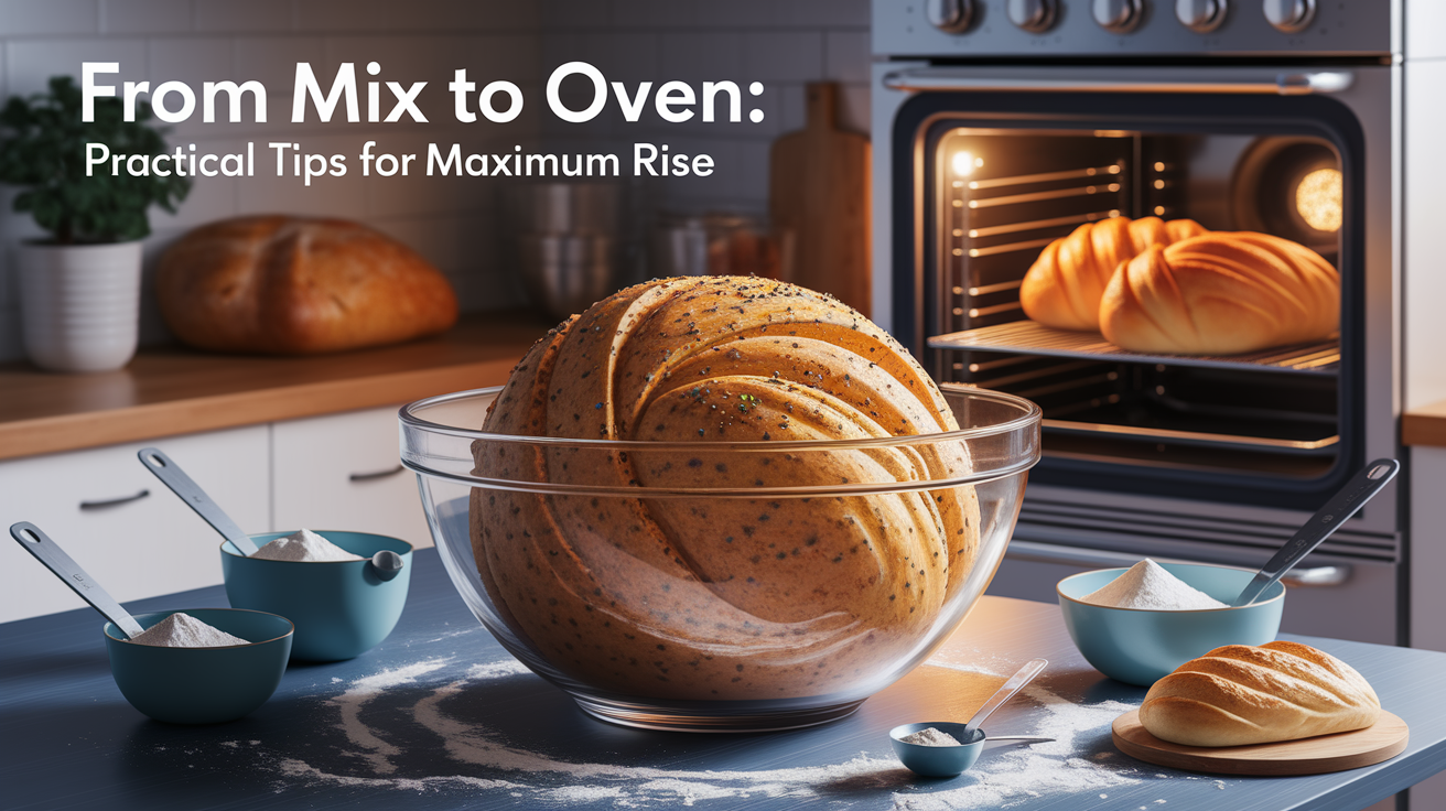 A conceptual illustration representing From Mix to Oven: Practical Tips for Maximum Rise. Visualize the main ideas: . Creative but clear representation of the concept. Style: photorealistic. high quality, detailed, professional, clean composition, good lighting, sharp focus, well-composed. high quality, professional, detailed, well-composed