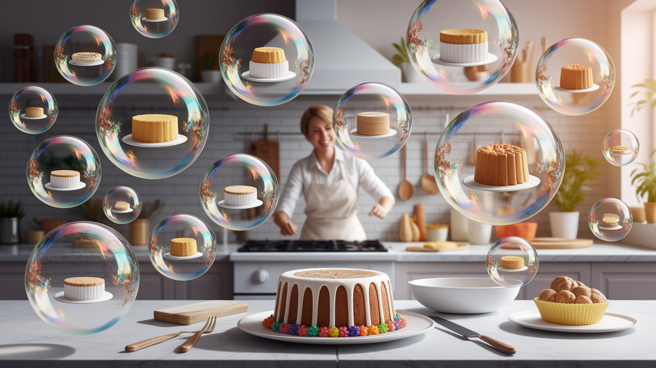 A conceptual illustration representing Bubbles of Success: Wrapping Up Baking Powder Mastery. Visualize the main ideas: . Creative but clear representation of the concept. Style: photorealistic. high quality, detailed, professional, clean composition, good lighting, sharp focus, well-composed. high quality, professional, detailed, well-composed