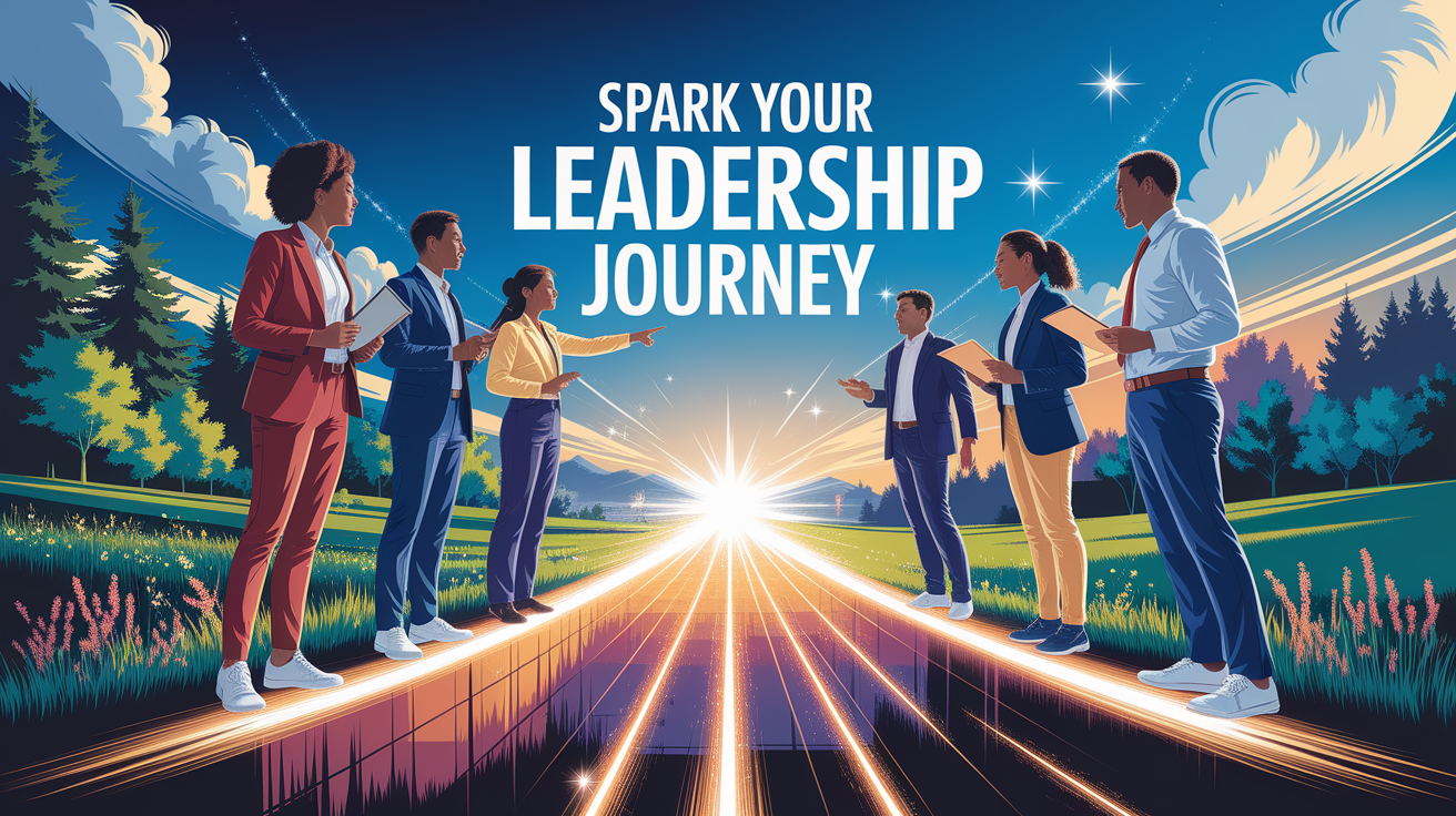 A conceptual illustration representing Spark Your Leadership Journey. Visualize the main ideas: . Creative but clear representation of the concept. Style: photorealistic. high quality, detailed, professional, clean composition, good lighting, sharp focus, well-composed. high quality, professional, detailed, well-composed