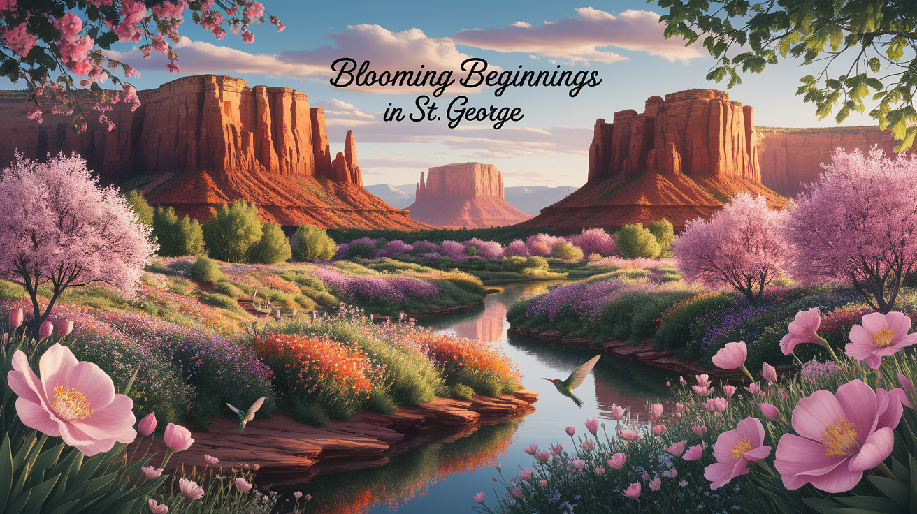 A conceptual illustration representing Blooming Beginnings in St. George. Visualize the main ideas: . Creative but clear representation of the concept. Style: photorealistic. high quality, detailed, professional, clean composition, good lighting, sharp focus, well-composed. high quality, professional, detailed, well-composed