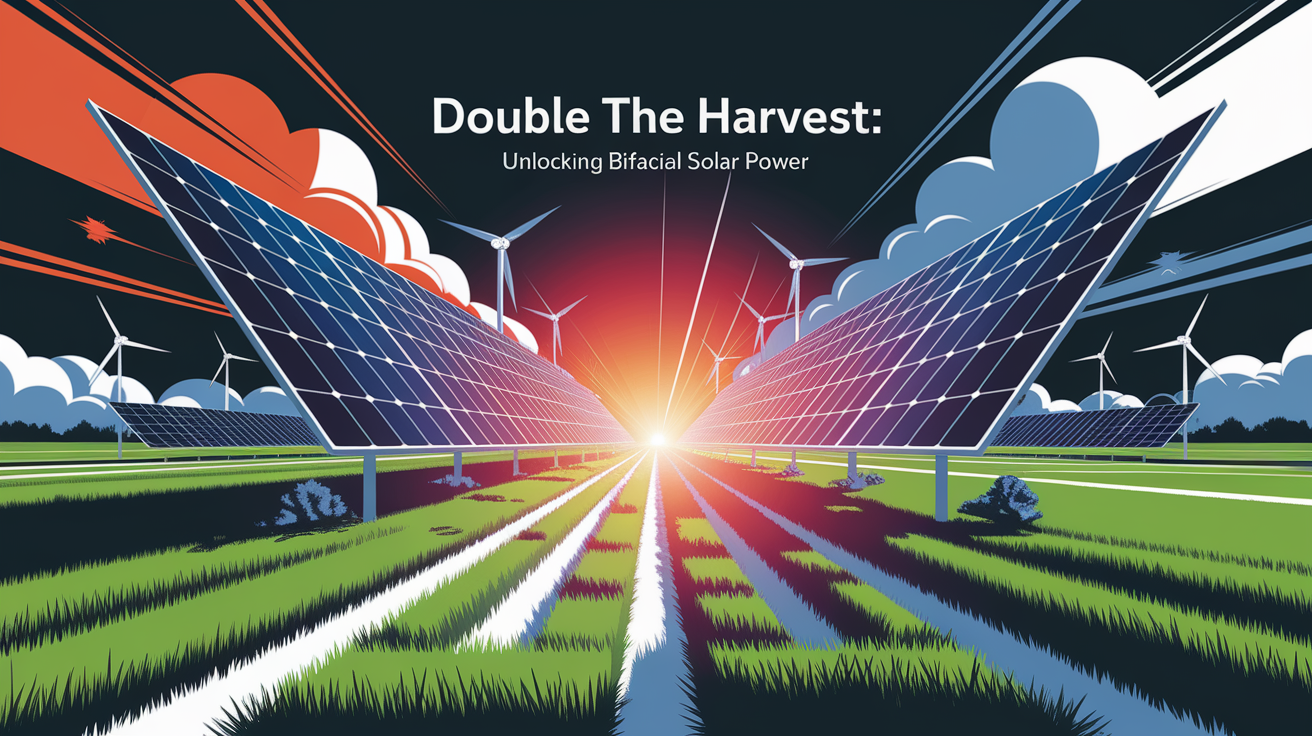 A conceptual illustration representing Double the Harvest: Unlocking Bifacial Solar Power. Visualize the main ideas: . Creative but clear representation of the concept. Style: Visual Theme: Clean, modern aesthetic with high contrast and vibrant energy. Emphasize the intersect. high quality, detailed, professional, clean composition, good lighting, sharp focus, well-composed. high quality, professional, detailed, well-composed