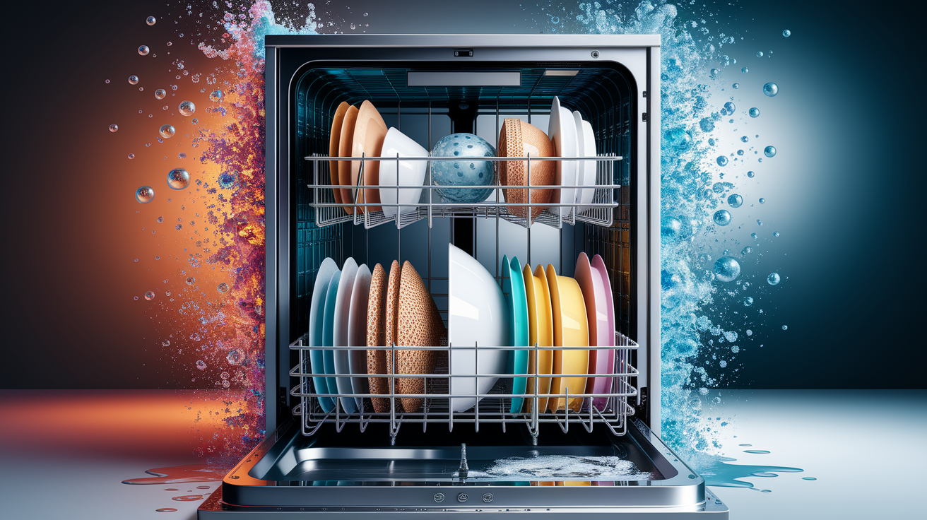 A conceptual illustration representing Dishwasher 101: How They Clean in a Nutshell. Visualize the main ideas: . Creative but clear representation of the concept. Style: photorealistic. high quality, detailed, professional, clean composition, good lighting, sharp focus, well-composed. high quality, professional, detailed, well-composed