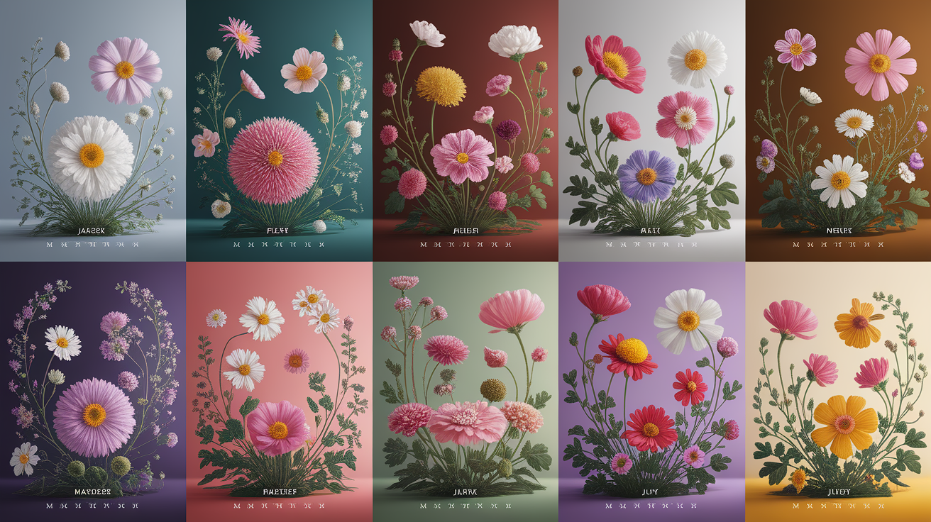 A conceptual illustration representing Wildflower Bloom Calendar. Visualize the main ideas: . Creative but clear representation of the concept. Style: photorealistic. high quality, detailed, professional, clean composition, good lighting, sharp focus, well-composed. high quality, professional, detailed, well-composed