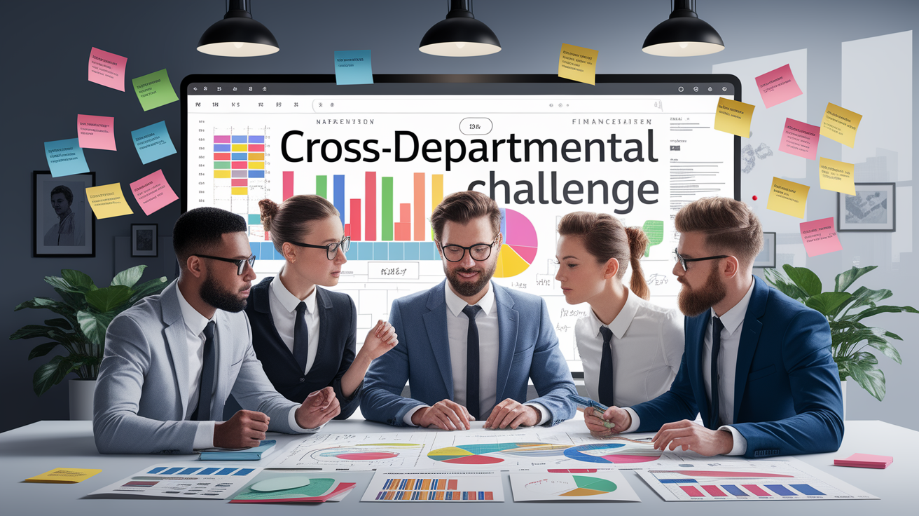 A conceptual illustration representing Cross-Departmental Challenge. Visualize the main ideas: . Creative but clear representation of the concept. Style: photorealistic. high quality, detailed, professional, clean composition, good lighting, sharp focus, well-composed. high quality, professional, detailed, well-composed