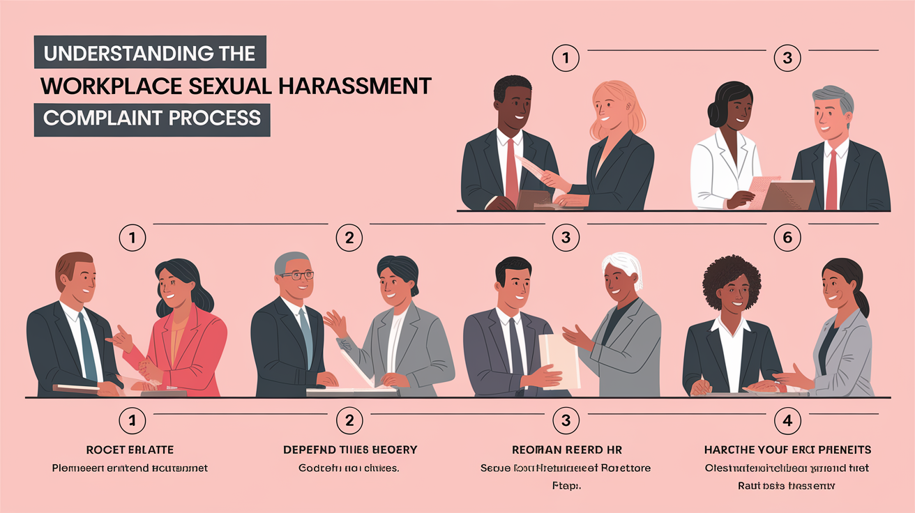 A clear, step-by-step visual illustration showing Understanding the Workplace Sexual Harassment Complaint Process. Focus on . Include visual elements like arrows, numbered steps, or sequential flow. Professional and instructional style. Style: photorealistic. high quality, detailed, professional, clean composition, good lighting, sharp focus, well-composed. high quality, professional, detailed, well-composed