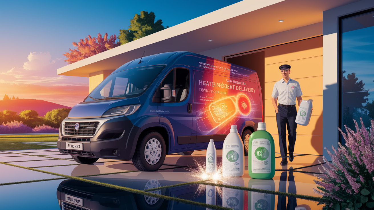 A conceptual illustration representing Heating and Detergent Delivery. Visualize the main ideas: . Creative but clear representation of the concept. Style: photorealistic. high quality, detailed, professional, clean composition, good lighting, sharp focus, well-composed. high quality, professional, detailed, well-composed