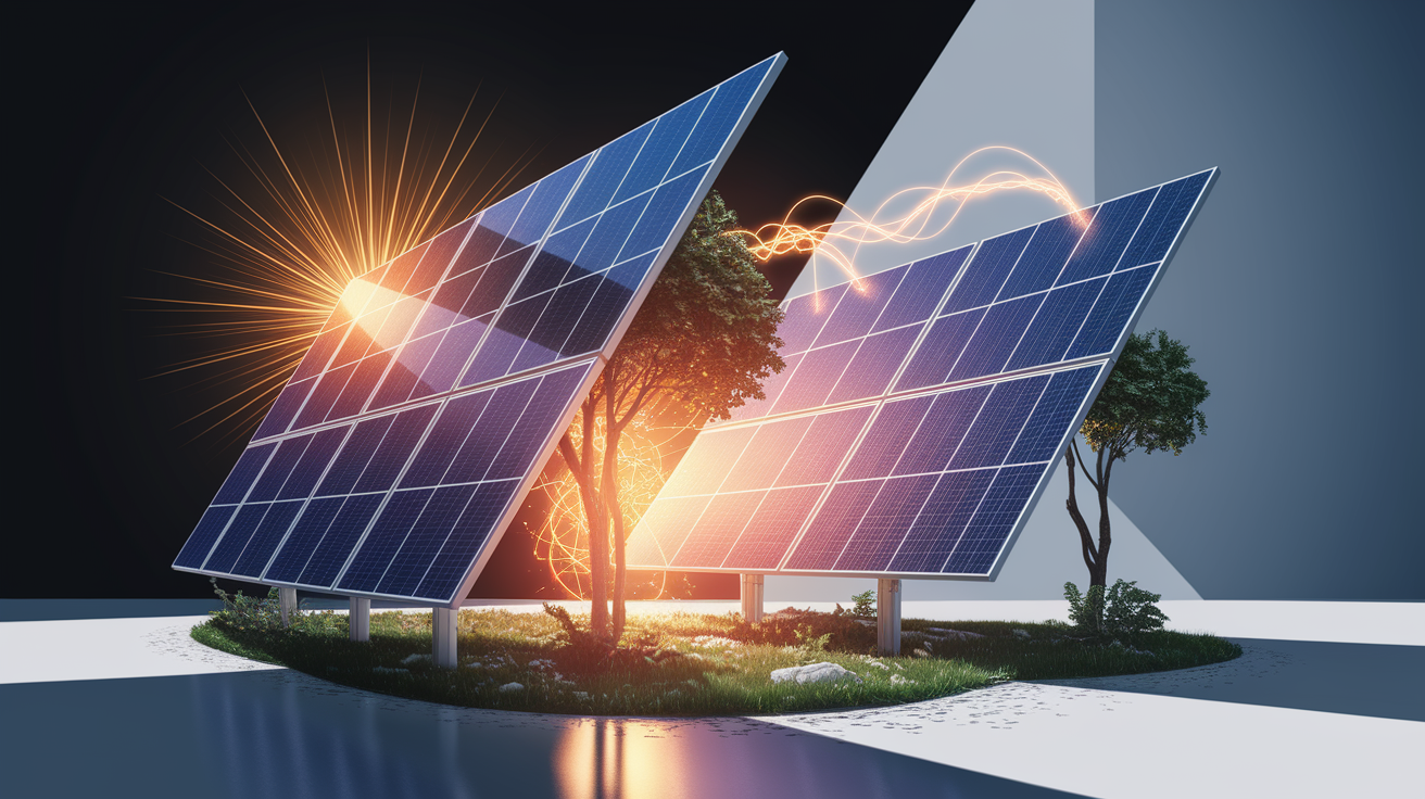 A conceptual illustration representing Key Benefits of Bifacial Solar Panels. Visualize the main ideas: . Creative but clear representation of the concept. Style: Visual Theme: Clean, modern aesthetic with high contrast and vibrant energy. Emphasize the intersect. high quality, detailed, professional, clean composition, good lighting, sharp focus, well-composed. high quality, professional, detailed, well-composed