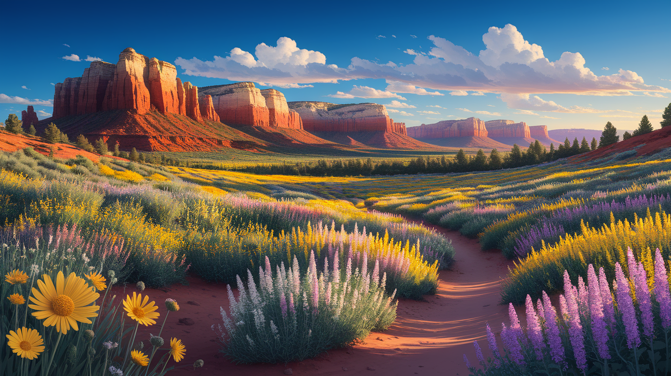 A conceptual illustration representing Top Wildflower Hikes Near St. George. Visualize the main ideas: . Creative but clear representation of the concept. Style: photorealistic. high quality, detailed, professional, clean composition, good lighting, sharp focus, well-composed. high quality, professional, detailed, well-composed