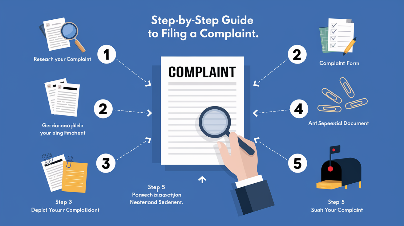 A clear, step-by-step visual illustration showing Step-by-Step Guide to Filing a Complaint. Focus on . Include visual elements like arrows, numbered steps, or sequential flow. Professional and instructional style. Style: photorealistic. high quality, detailed, professional, clean composition, good lighting, sharp focus, well-composed. high quality, professional, detailed, well-composed