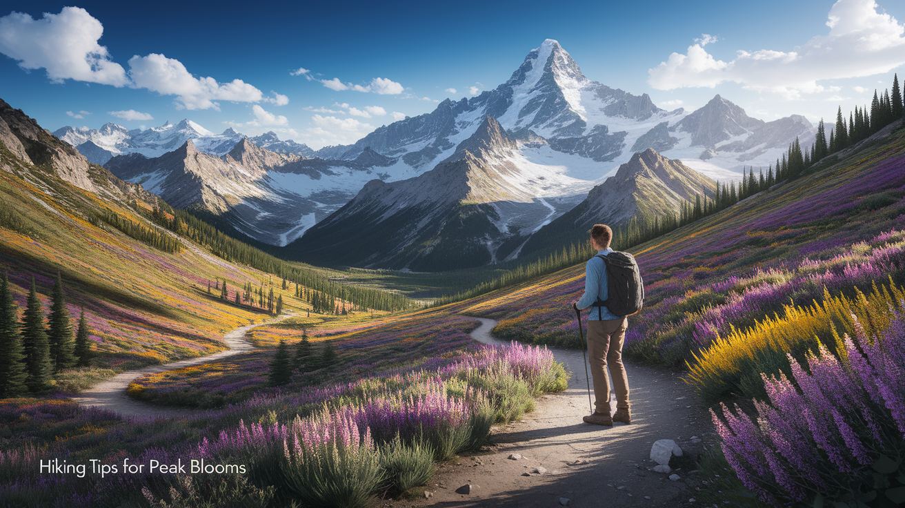 A conceptual illustration representing Hiking Tips for Peak Blooms. Visualize the main ideas: . Creative but clear representation of the concept. Style: photorealistic. high quality, detailed, professional, clean composition, good lighting, sharp focus, well-composed. high quality, professional, detailed, well-composed