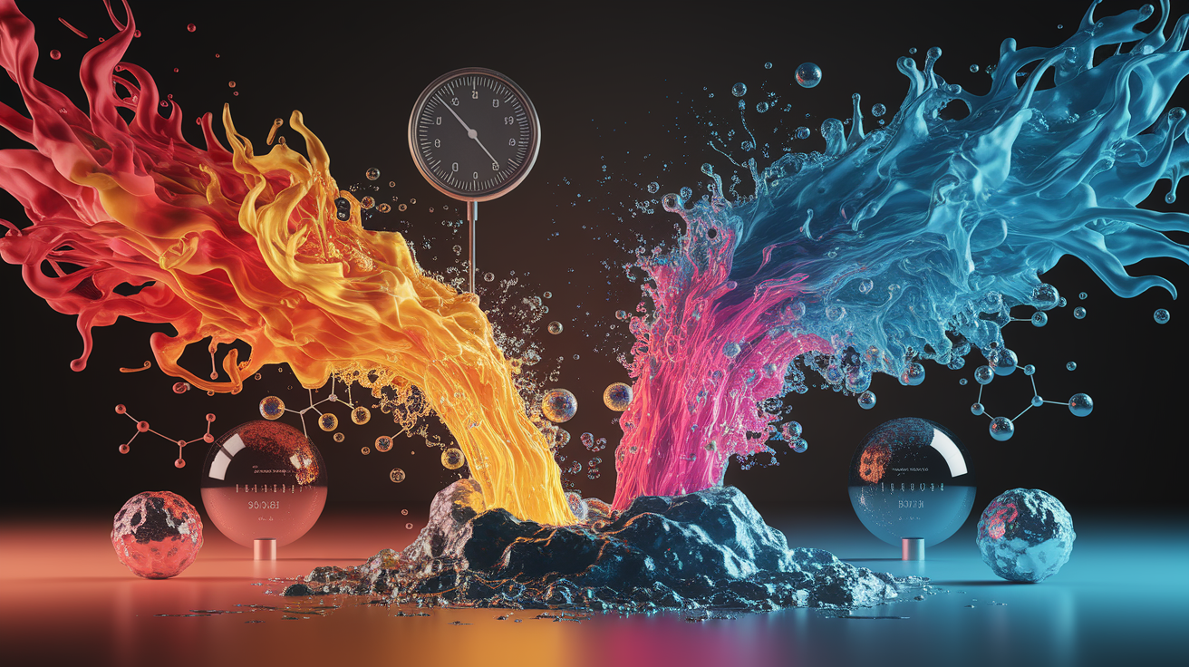 A conceptual illustration representing Heat and Alkalinity Catalysts. Visualize the main ideas: . Creative but clear representation of the concept. Style: photorealistic. high quality, detailed, professional, clean composition, good lighting, sharp focus, well-composed. high quality, professional, detailed, well-composed
