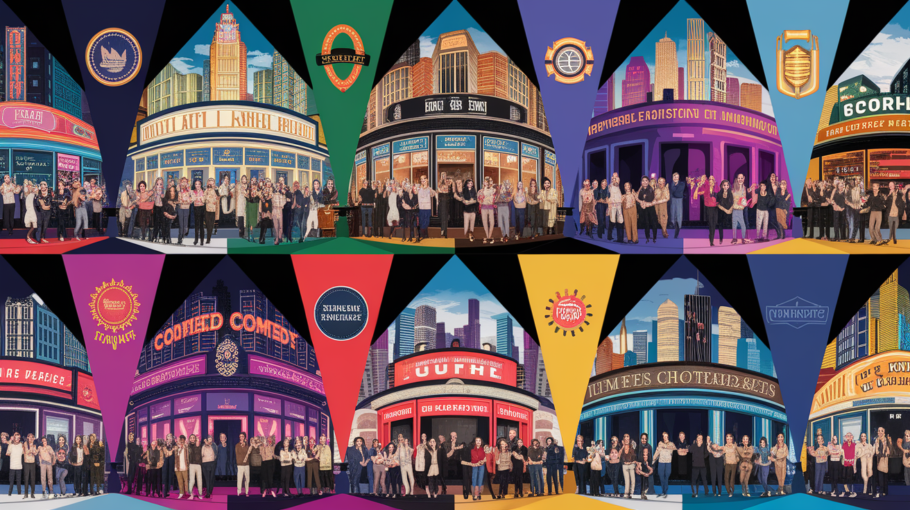A conceptual illustration representing Top Comedy Venues to Keep You Laughing. Visualize the main ideas: . Creative but clear representation of the concept. Style: photorealistic. high quality, detailed, professional, clean composition, good lighting, sharp focus, well-composed. high quality, professional, detailed, well-composed