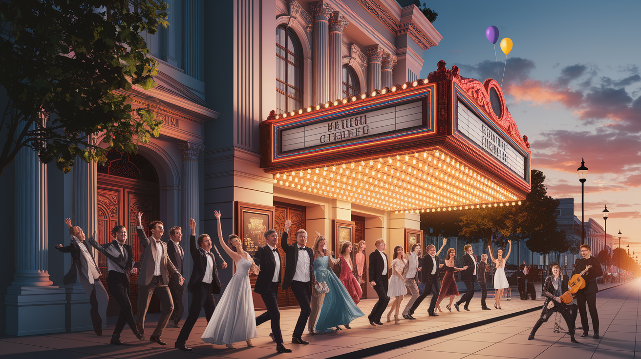 A conceptual illustration representing Historic Theaters Fueling the Fun. Visualize the main ideas: . Creative but clear representation of the concept. Style: photorealistic. high quality, detailed, professional, clean composition, good lighting, sharp focus, well-composed. high quality, professional, detailed, well-composed