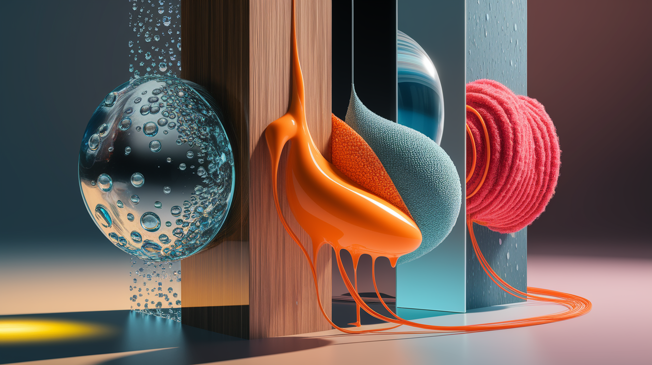 A conceptual illustration representing Hitting the Surface: The Role of Tack, Cohesion, and Adhesion. Visualize the main ideas: . Creative but clear representation of the concept. Style: photorealistic. high quality, detailed, professional, clean composition, good lighting, sharp focus, well-composed. high quality, professional, detailed, well-composed