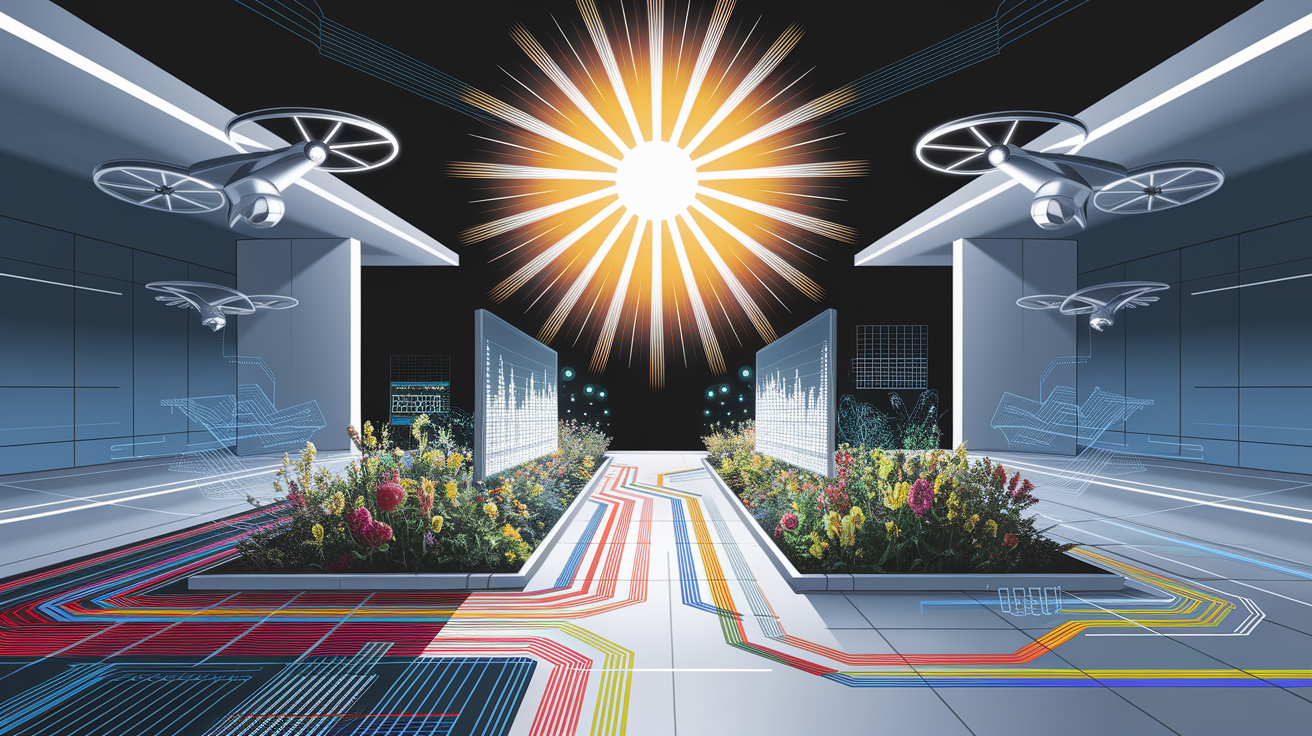 A conceptual illustration representing Sunshine Under Surveillance: The Power of Fault Detection & Remote Diagnostics. Visualize the main ideas: . Creative but clear representation of the concept. Style: Visual Theme: Clean, modern aesthetic with high contrast and vibrant energy. Emphasize the intersect. high quality, detailed, professional, clean composition, good lighting, sharp focus, well-composed. high quality, professional, detailed, well-composed